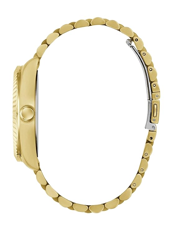 Side profile of GUESS Jaden gold tone bracelet and case
