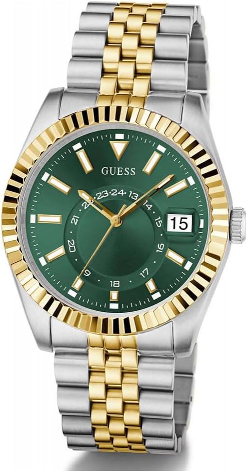GUESS Jaden watch angled view showing green dial with luminous indices and 2-tone bracelet