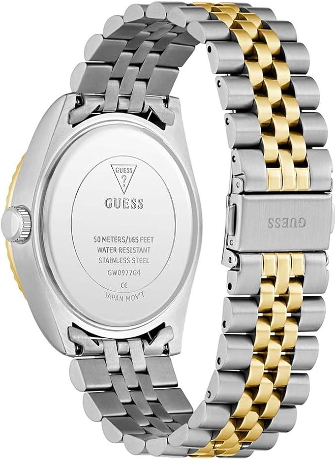 GUESS Jaden watch caseback showing stainless steel case with model GW0977G4 engraved
