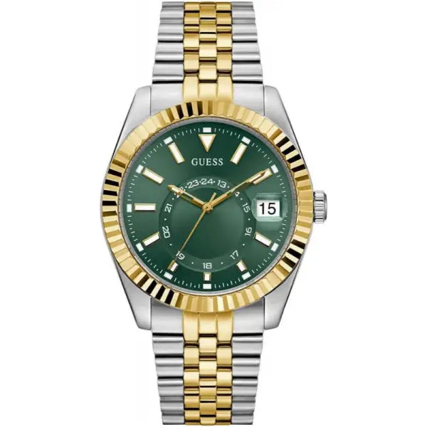GUESS Jaden 2-tone men's watch with green dial, gold and silver bracelet, date window