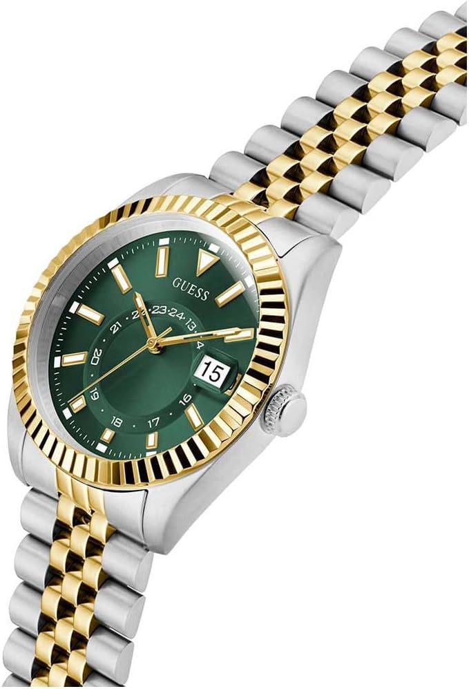 GUESS Jaden watch worn on wrist showing green dial with 2-tone gold and silver bracelet