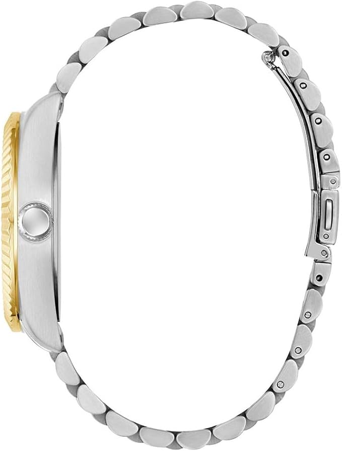 GUESS Jaden watch side view showing 2-tone bracelet with adjustable link closure