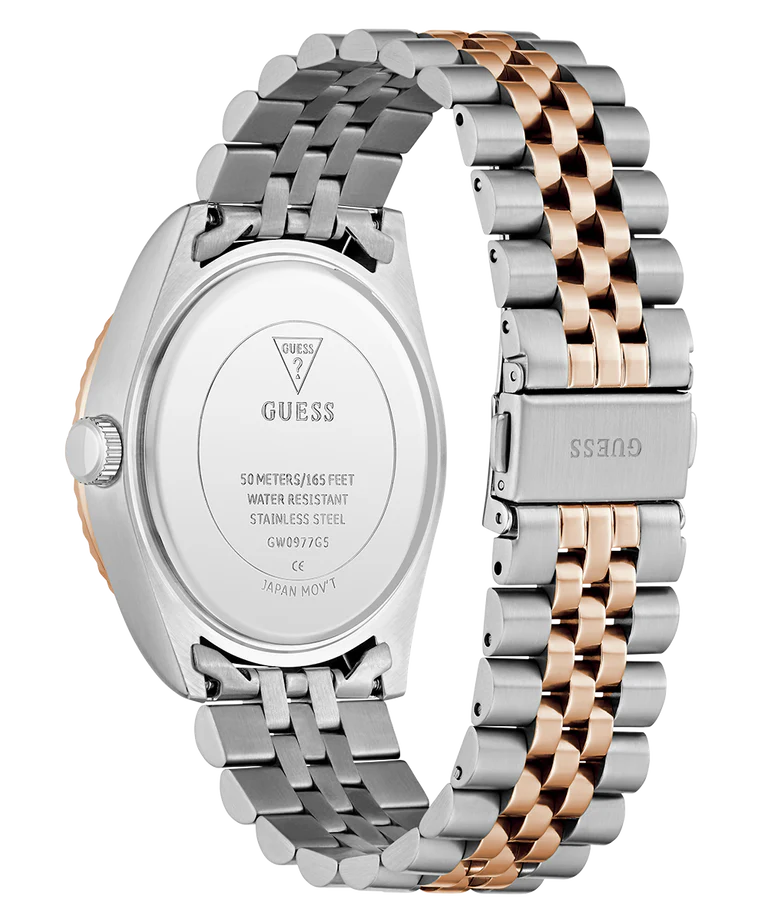 GUESS Jaden caseback engraved with model details and two-tone bracelet