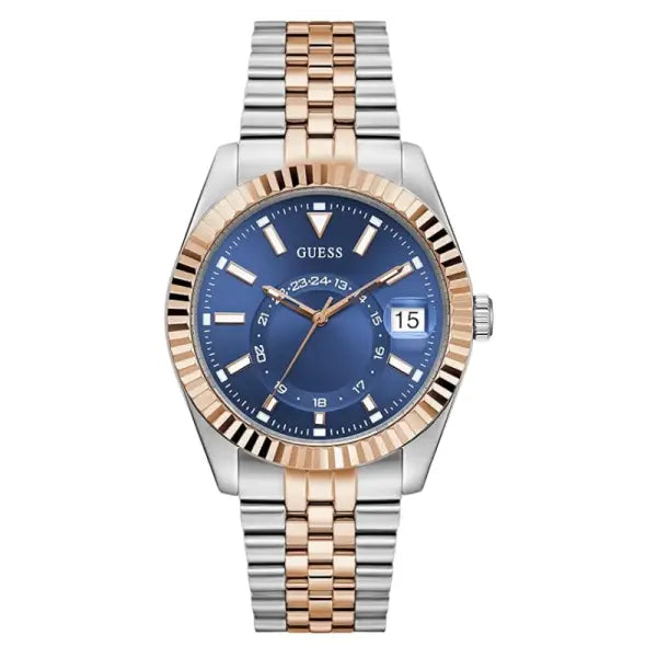 GUESS Jaden two-tone mens watch with blue dial and date window