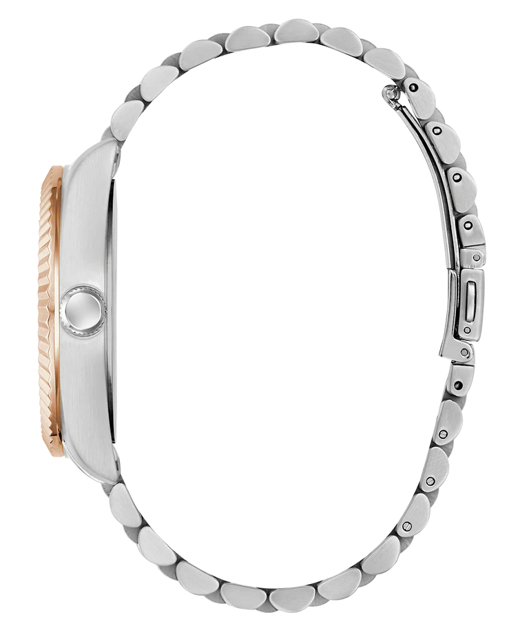 Side profile of GUESS Jaden watch showing case and two-tone bracelet links
