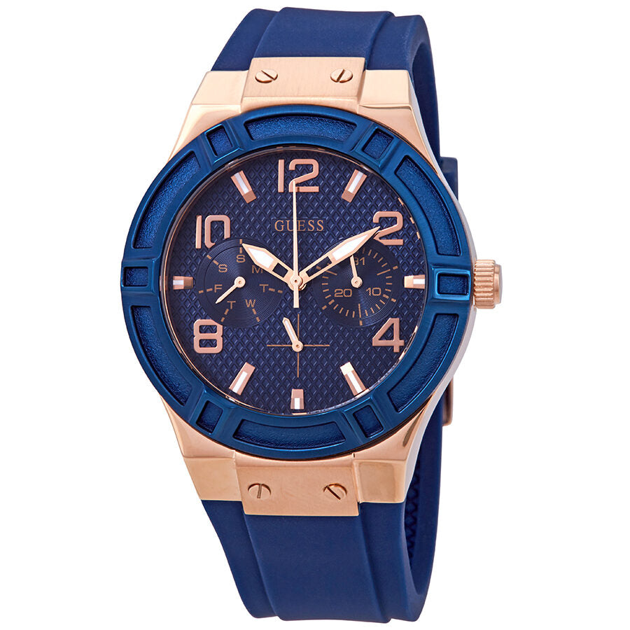 Guess Jet Setter blue dial ladies watch with rose gold case and blue rubber strap
