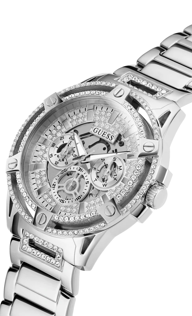 Guess King GW0497G1 angled view of silver dial with exposed skeleton movement
