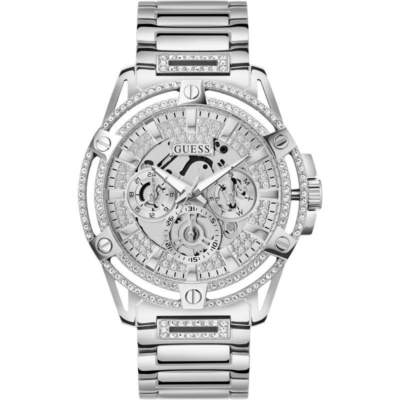 Guess King silver dial quartz watch with skeleton movement and crystal-set bezel