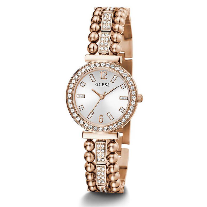 Rose gold-tone analog watch with white dial, crystal-set bezel, and cubic zirconia bracelet