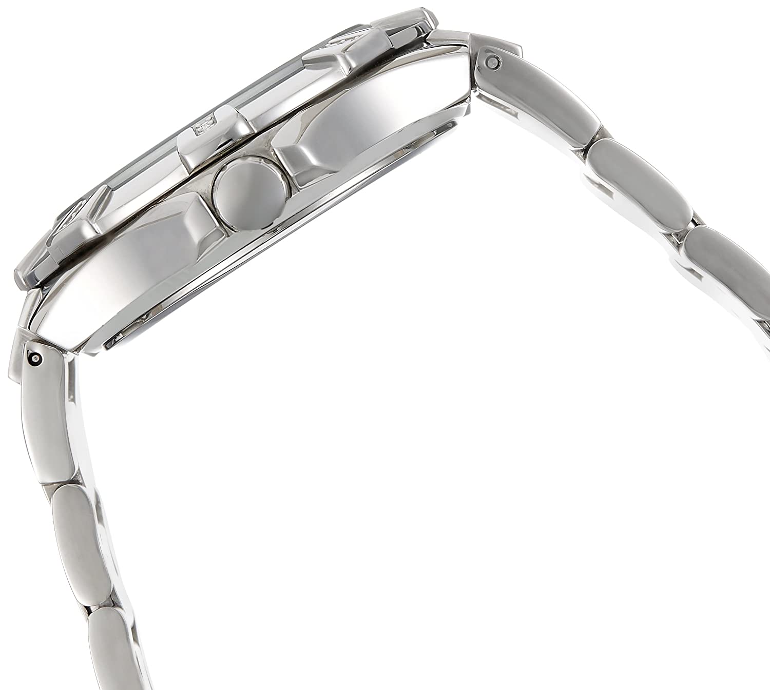 Side profile of Guess Vista watch showing slim silver-tone case and bracelet