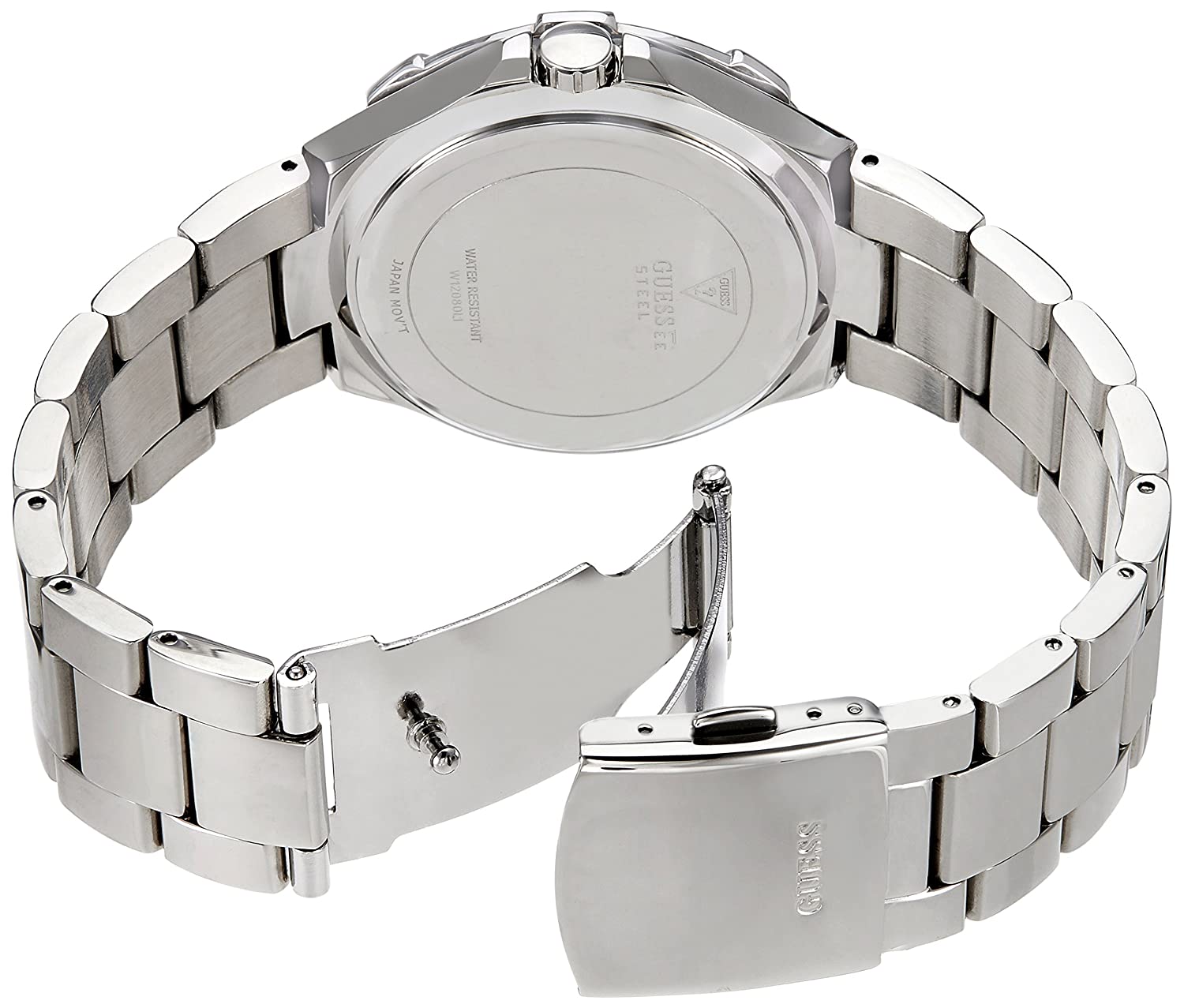 Caseback view of Guess Vista watch with stainless steel bracelet and fold-over clasp