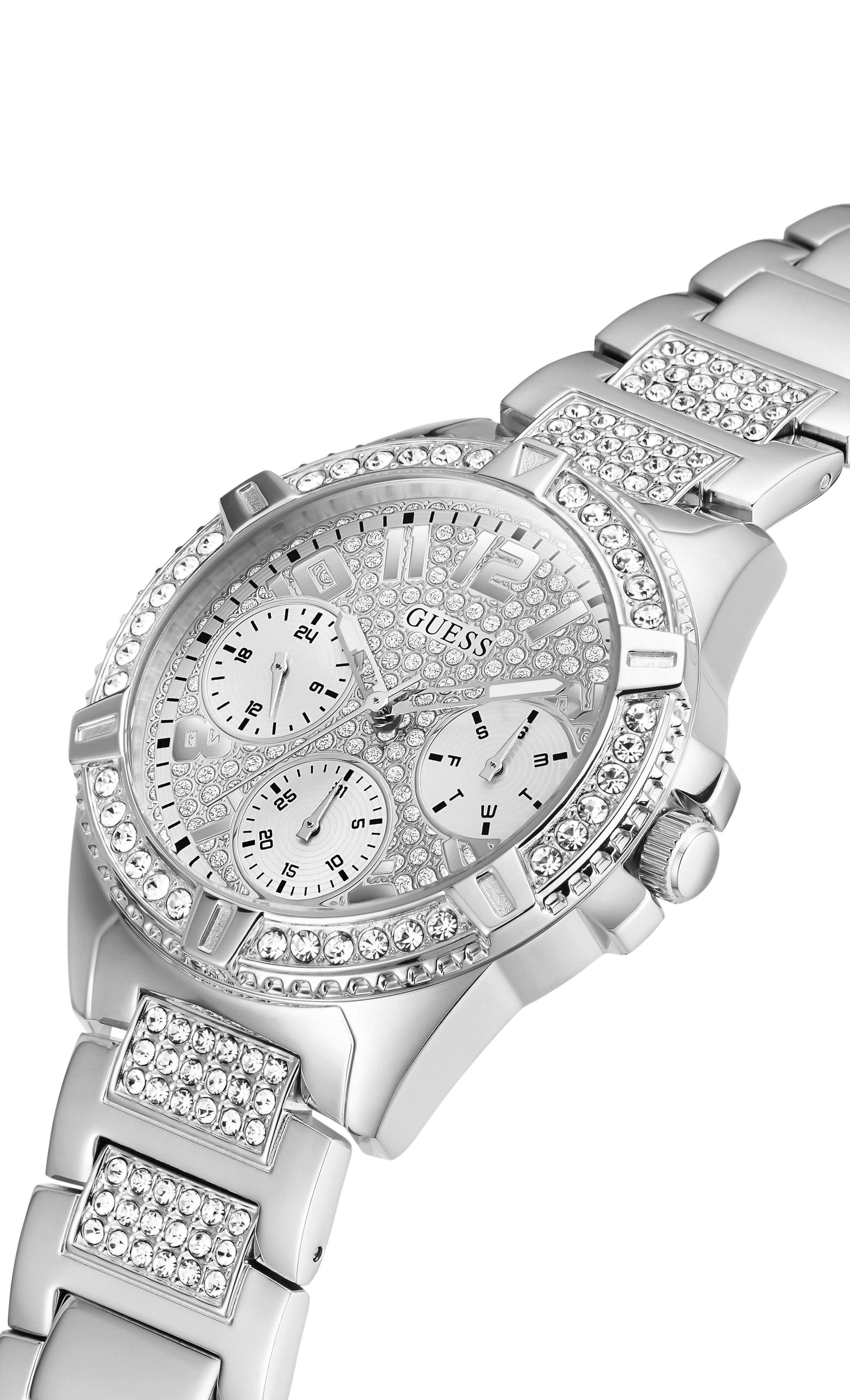 Guess Lady Frontier watch shown at angle with silver crystal-accented bracelet and case
