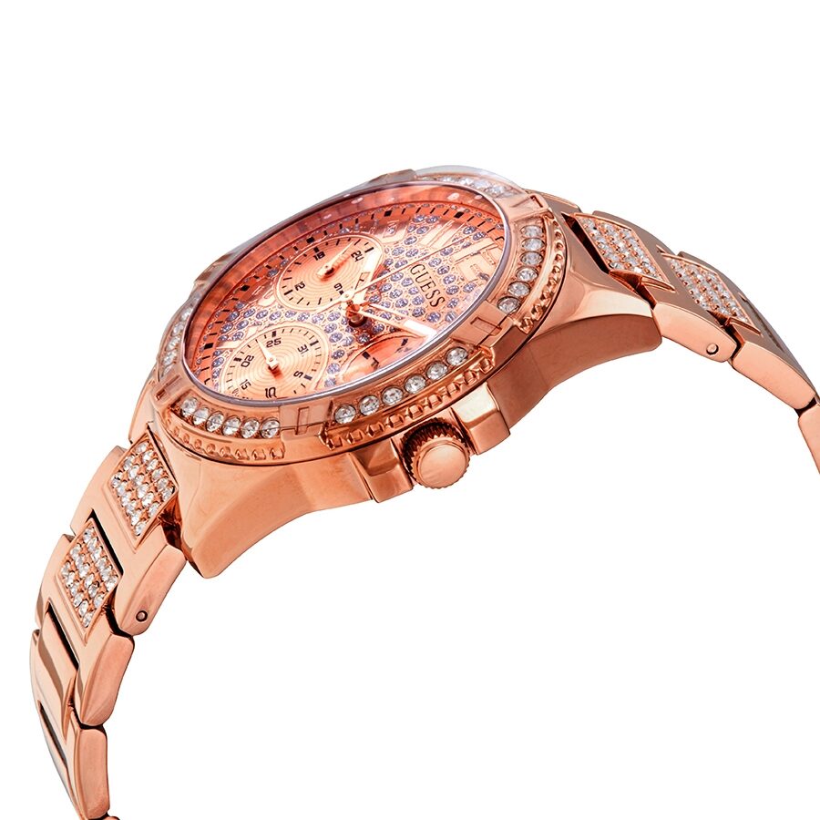 Guess Lady Frontier women's watch shown at angle with rose gold bracelet and crystal details