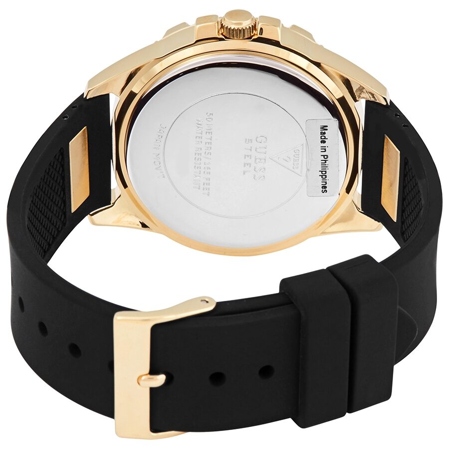 Caseback view showing Guess Lady Frontier stainless steel case with black rubber strap