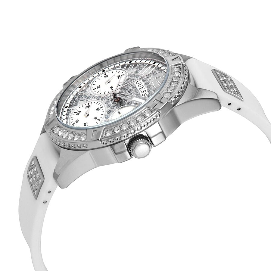 Guess Lady Frontier ladies watch shown at angle with diamond bezel and white strap