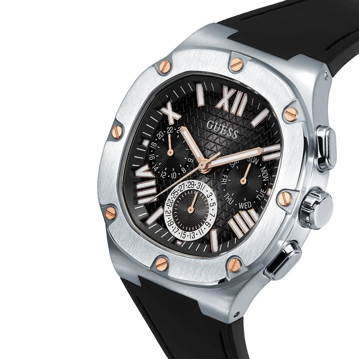 Guess Legacy men's watch side angle view with chronograph subdials visible