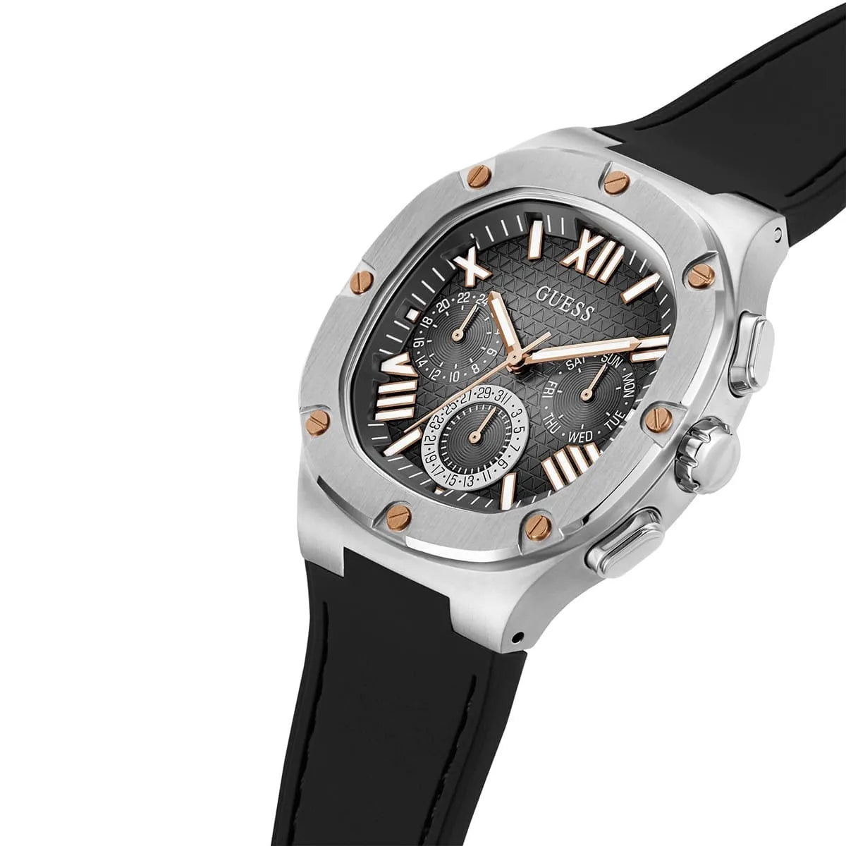 Guess Legacy black chronograph watch at side angle with rose-gold details