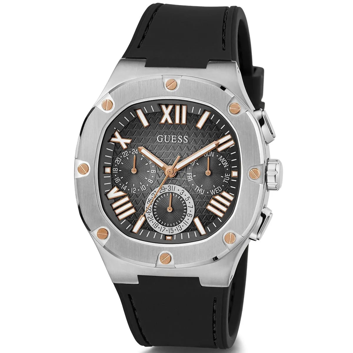 Guess Legacy chronograph watch at three-quarter angle showing silver case and black strap