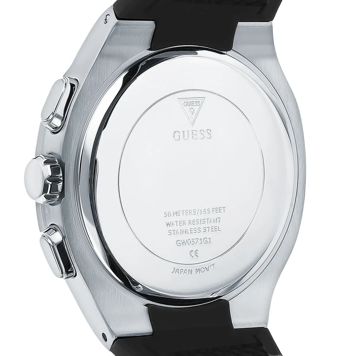 Guess Legacy watch caseback engraved with model number GW0571G1 and specifications