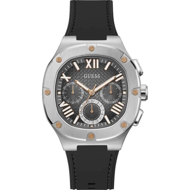 Guess Legacy men's black chronograph watch with silver case and rubber strap