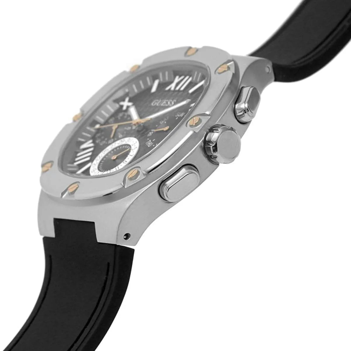 Guess Legacy watch side profile showing silver case and black rubber strap