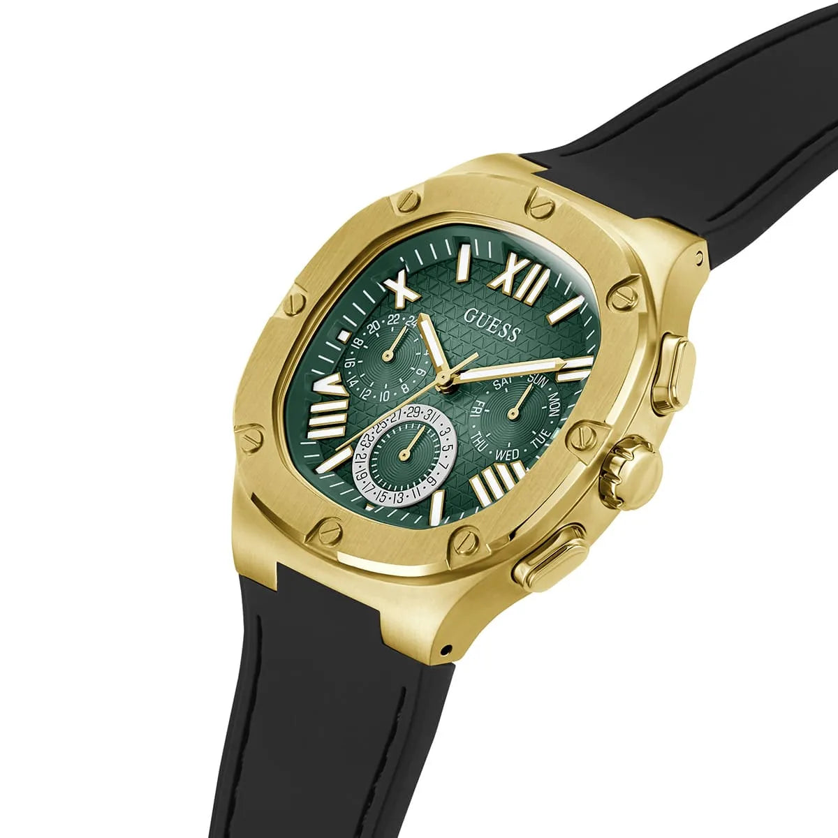Guess Legacy chronograph watch with gold case and green dial viewed from angle