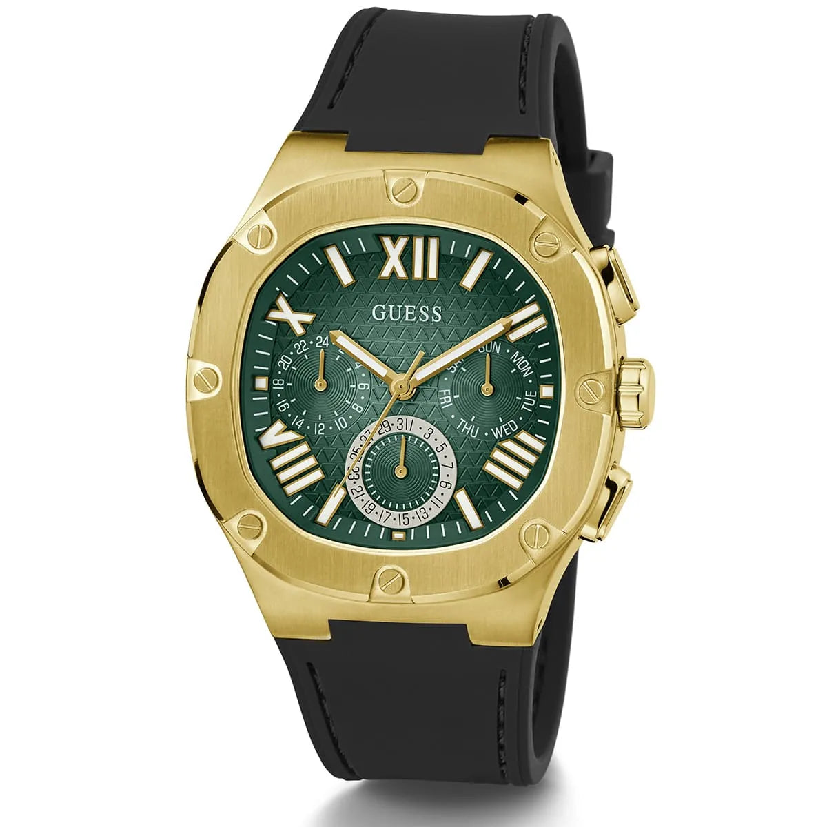 Guess Legacy gold watch at angle showing dial and black rubber strap