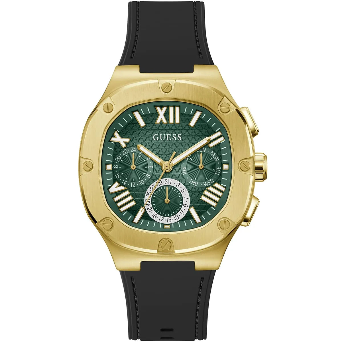 Guess Legacy GW0571G3 gold chronograph watch with green dial and black strap