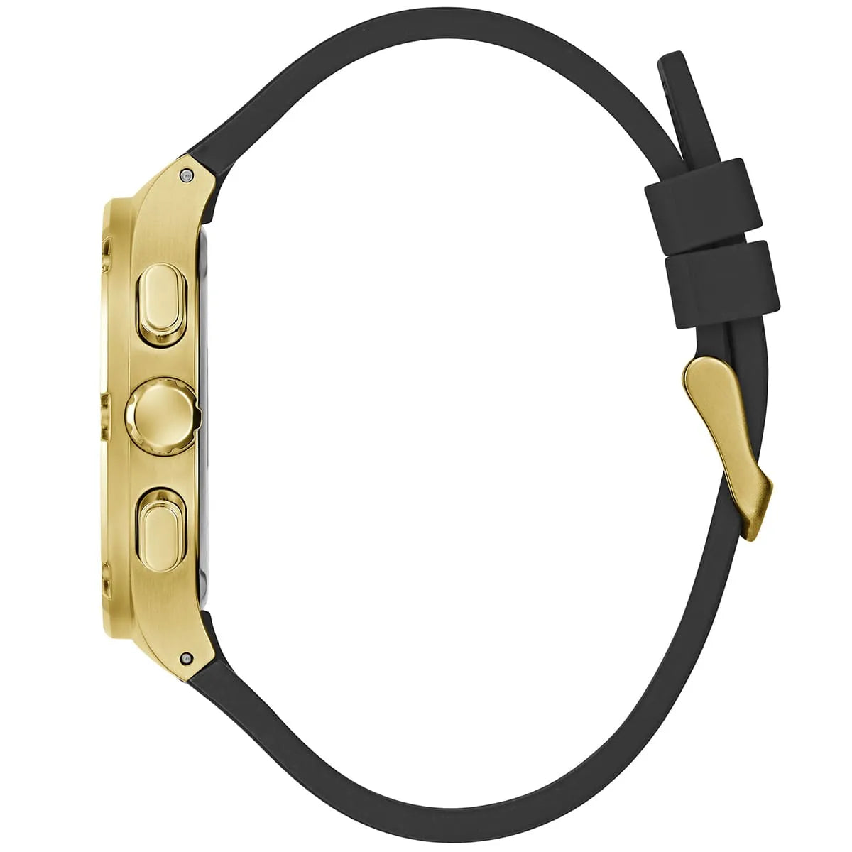 Side view of Guess Legacy gold watch with black rubber strap