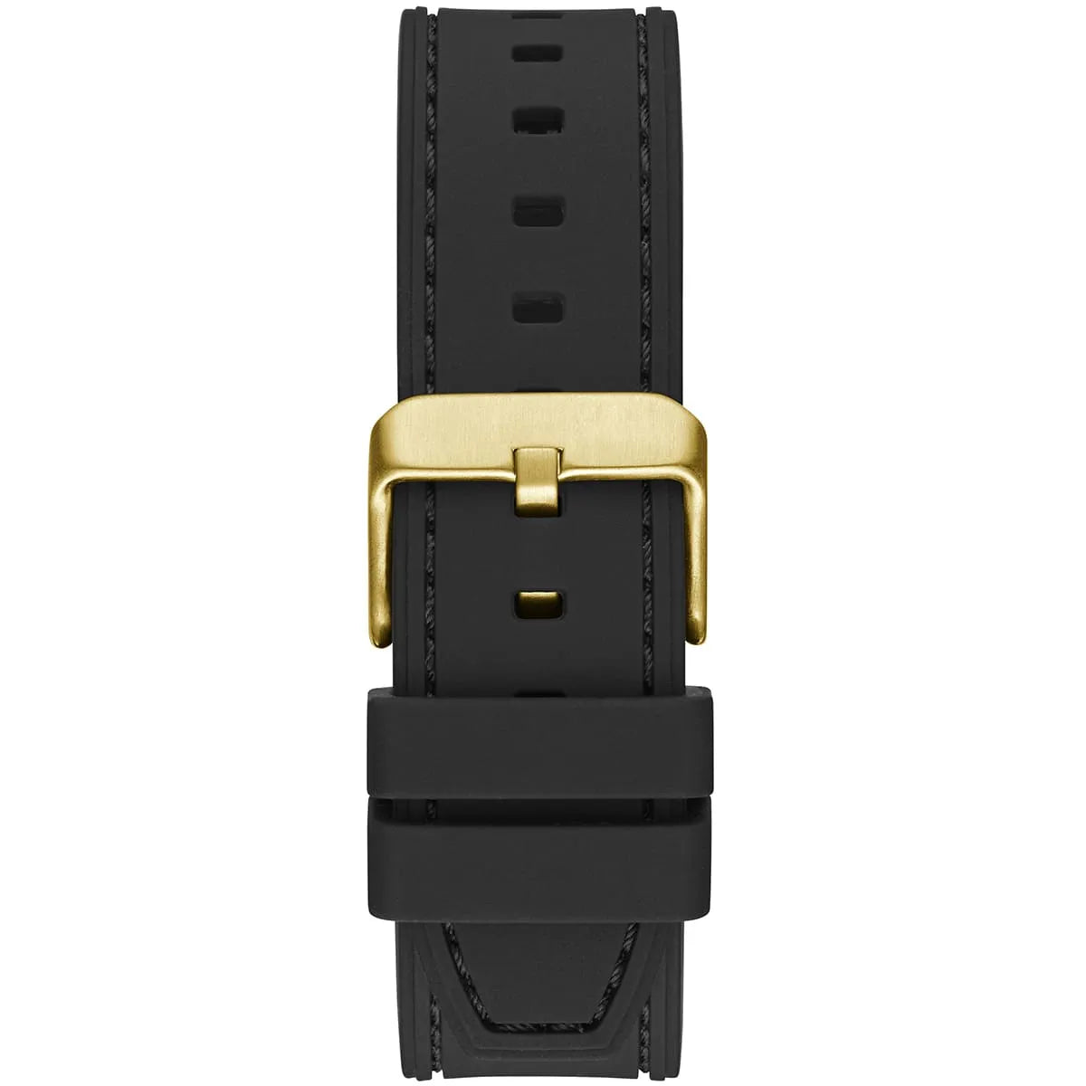 Black rubber strap with gold-tone buckle on Guess Legacy watch