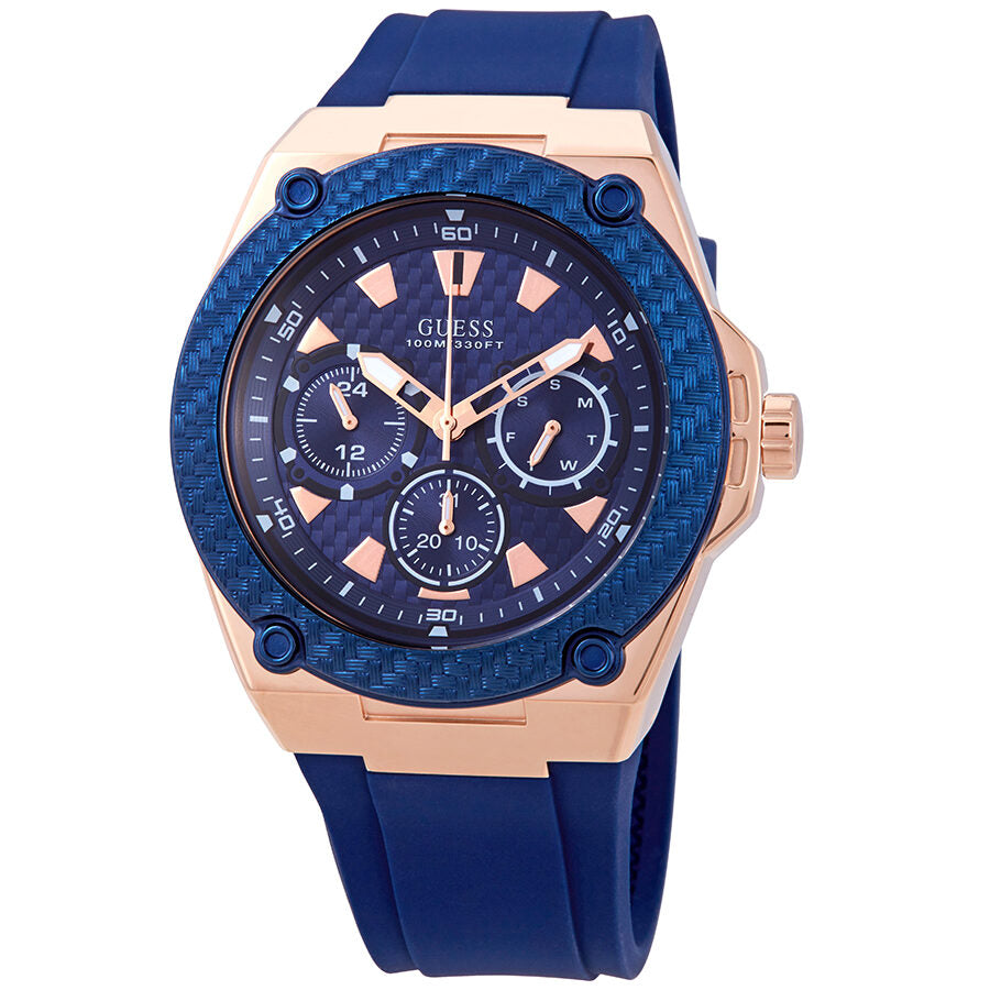 Guess Legacy blue dial men's chronograph watch with rose gold case and blue silicone strap