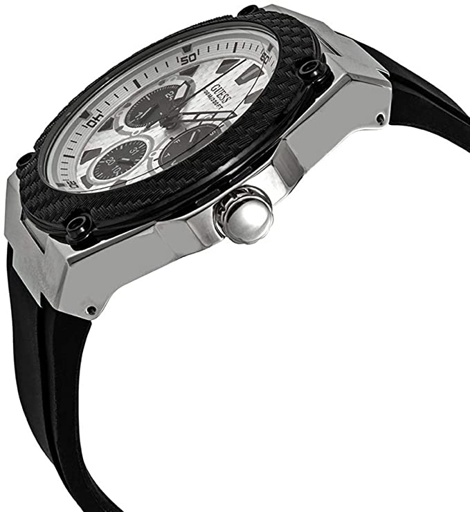 Guess Legacy watch side angle showing silver case and black rubber strap