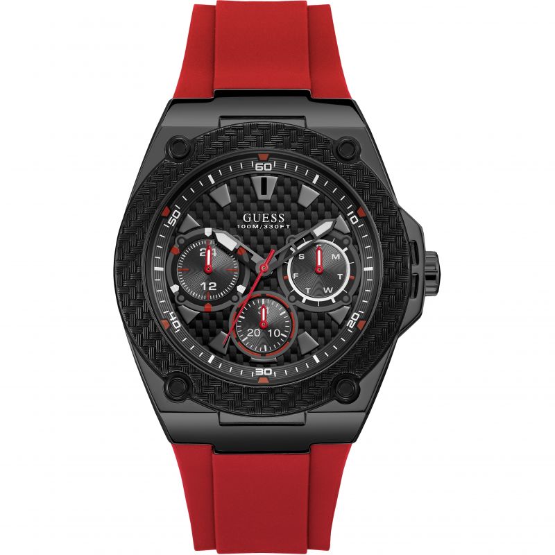 Guess Legacy black dial chronograph men's watch with red silicone strap