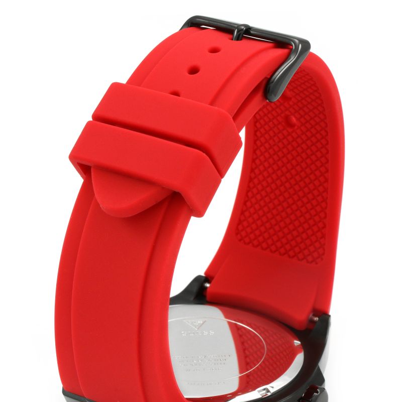 Red silicone strap with textured pattern and black buckle for Guess Legacy watch