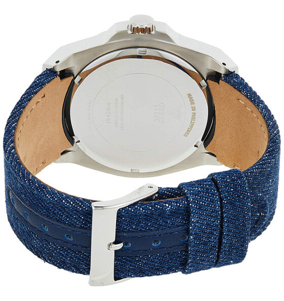 Guess Legency watch caseback view with blue denim strap and tan suede lining