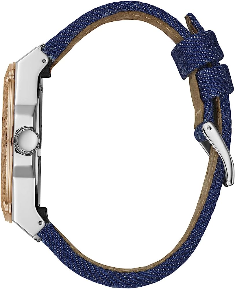 Guess Legency watch side view showing two-tone case and blue denim strap