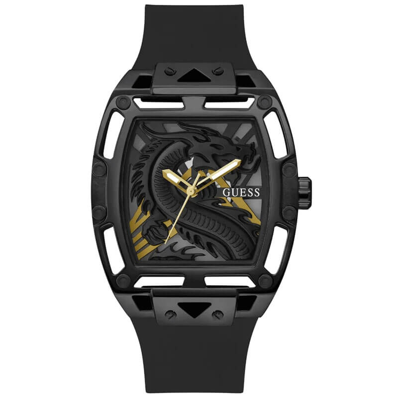 Guess Legend black rectangle dial men's watch with gold-tone hands and black rubber strap