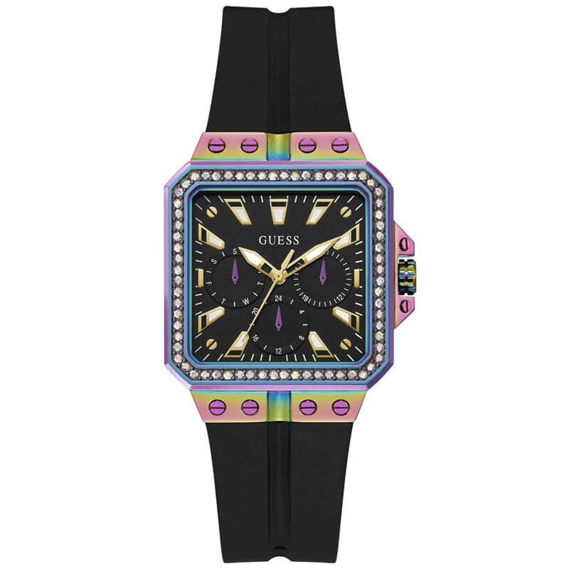 Guess Libra women's watch with black dial, square case, crystal bezel, and multicolor silicone strap