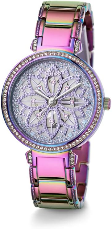 Guess Lily watch featuring iridescent dial, crystal-set bezel, and color-block link bracelet