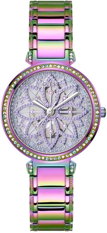 Guess Lily women's watch with iridescent round dial, crystal bezel, multicolor link bracelet