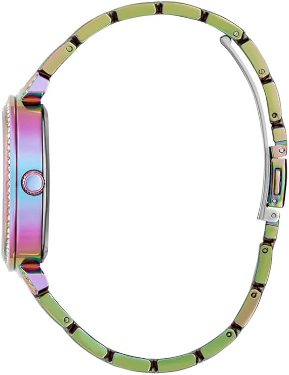 Guess Lily watch side view displaying multicolor gradient link bracelet and case profile