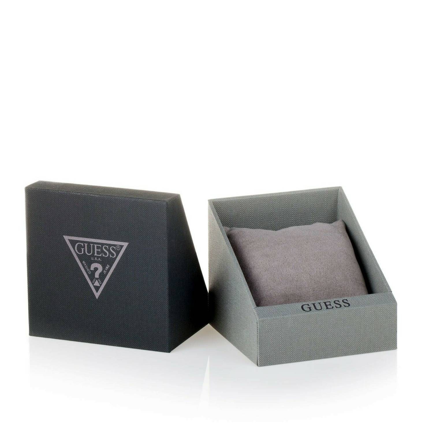 Guess branded watch box and packaging with gray interior cushion