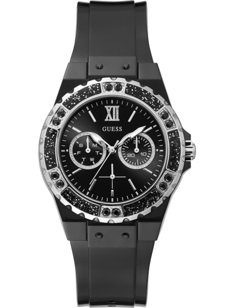 Guess Limelight black women's watch with crystal bezel and chronograph subdials