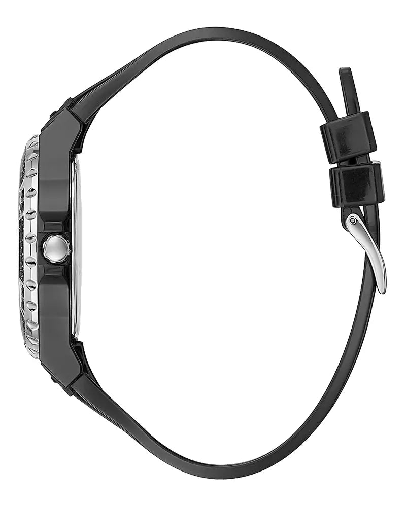 Side view of Guess Limelight watch showing black rubber strap and case profile