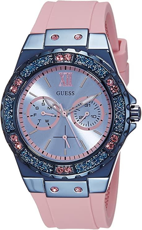 Guess Limelight blue dial ladies watch with glittered bezel and pink strap