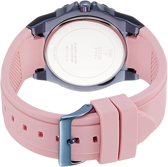 Caseback of Guess Limelight ladies watch showing engraved text on stainless steel