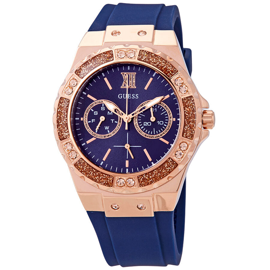 Guess Limelight ladies watch with blue crystal dial, rose gold case, and crystal-accented bezel