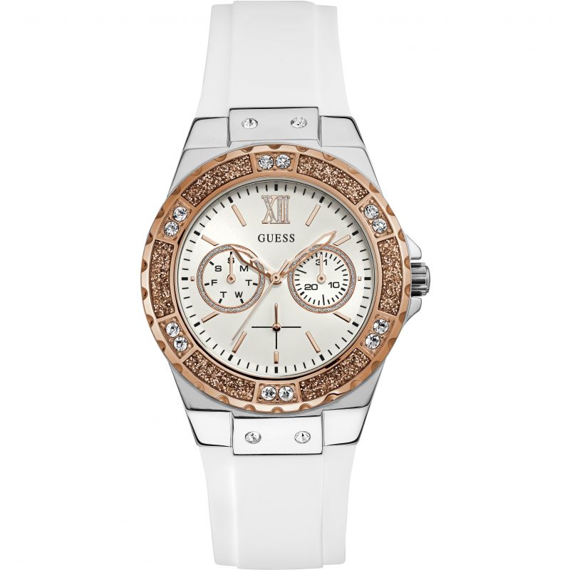 Guess Limelight white dial ladies watch with rose gold crystal bezel and white silicone strap