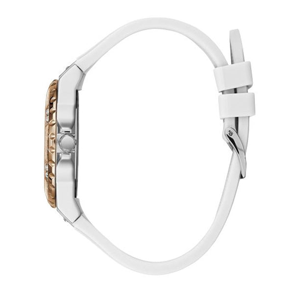 Side view of Guess Limelight ladies watch showing white silicone strap and rose gold bezel
