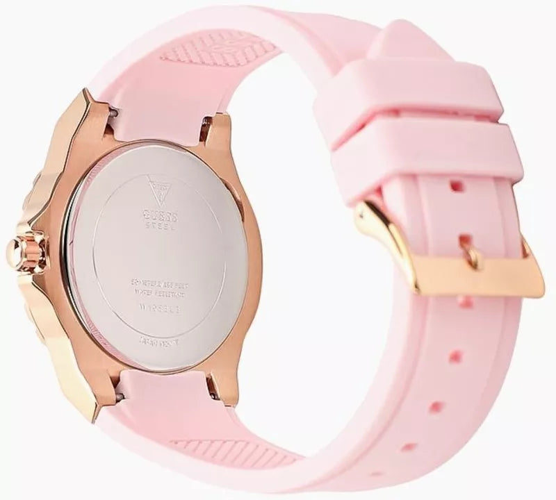 Guess Limelight watch caseback showing rose gold case back and pink silicone strap side view